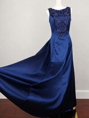 Vintage Loralie Original Navy Satin Open Back Bow Formal Prom Pageant Gown 12